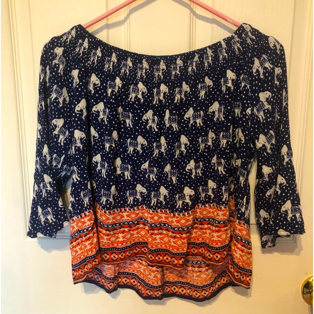 Navy & Orange on/off shoulder elephant print top